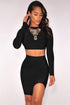 Black Open Back Long Sleeves Bandage Skirt Set